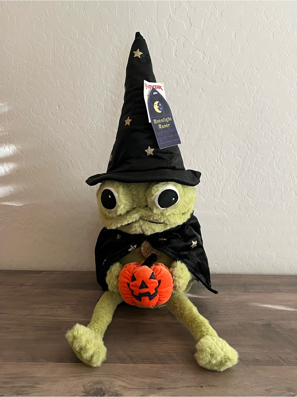 Moonlight Manor Green Frog Plush with Black Witch Hat Holding Orange Pumpkin